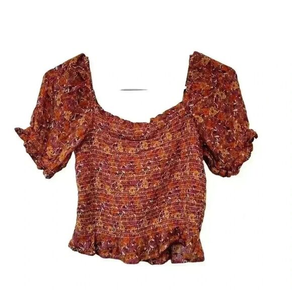 SO Junior Women's Red/Orange Floral Rayon Smocked Summer Square Neck Puff Sleeve - Picture 2 of 9
